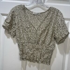 Y2K Paper Crane S Floral Ivy Green V Neck Smocked Cropped Top Cottagecore Fairy